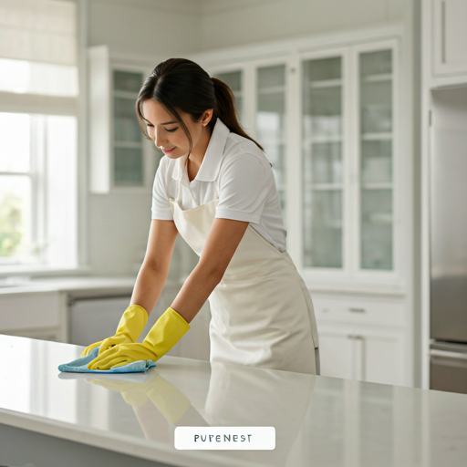 Professional cleaner in a bright modern kitchen, wiping countertops